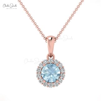Real 14k Gold Halo Pendant With 4mm Aquamarine Round Cut And Diamond Hallmark Necklace