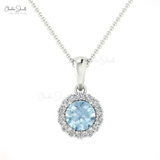 Real 14k Gold Halo Pendant With 4mm Aquamarine Round Cut And Diamond Hallmark Necklace