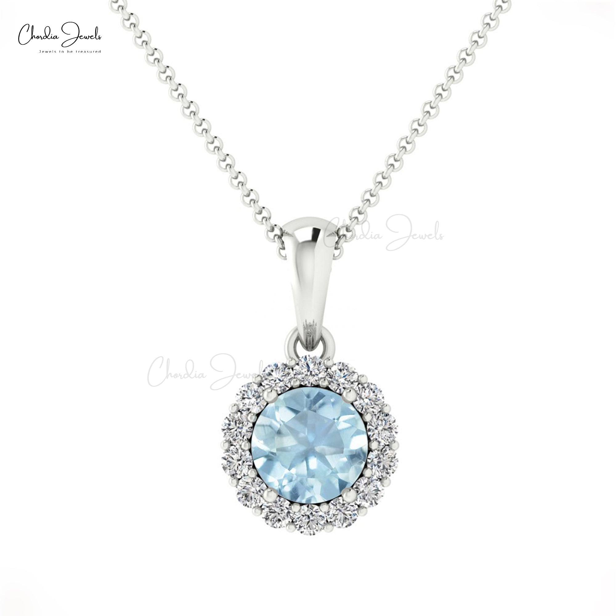 Real 14k Gold Halo Pendant With 4mm Aquamarine Round Cut And Diamond Hallmark Necklace