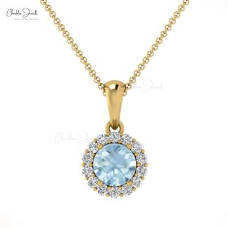 Real 14k Gold Halo Pendant With 4mm Aquamarine Round Cut And Diamond Hallmark Necklace