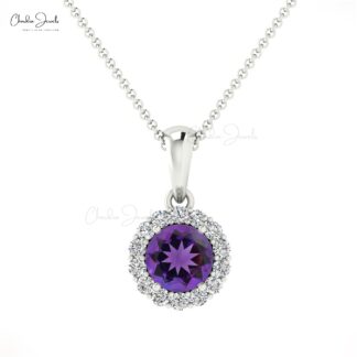 Halo Diamond Pendant With 0.22 Ct Amethyst And Diamond Circle Necklace In 14k Pure Gold