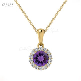 Halo Diamond Pendant With 0.22 Ct Amethyst And Diamond Circle Necklace In 14k Pure Gold