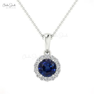 Dual Birthstone Dangle Pendant In Real 14k Gold Blue Sapphire Halo Diamond Pendant For Her
