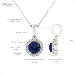 Dual Birthstone Dangle Pendant In Real 14k Gold Blue Sapphire Halo Diamond Pendant For Her