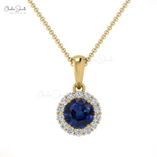 Dual Birthstone Dangle Pendant In Real 14k Gold Blue Sapphire Halo Diamond Pendant For Her