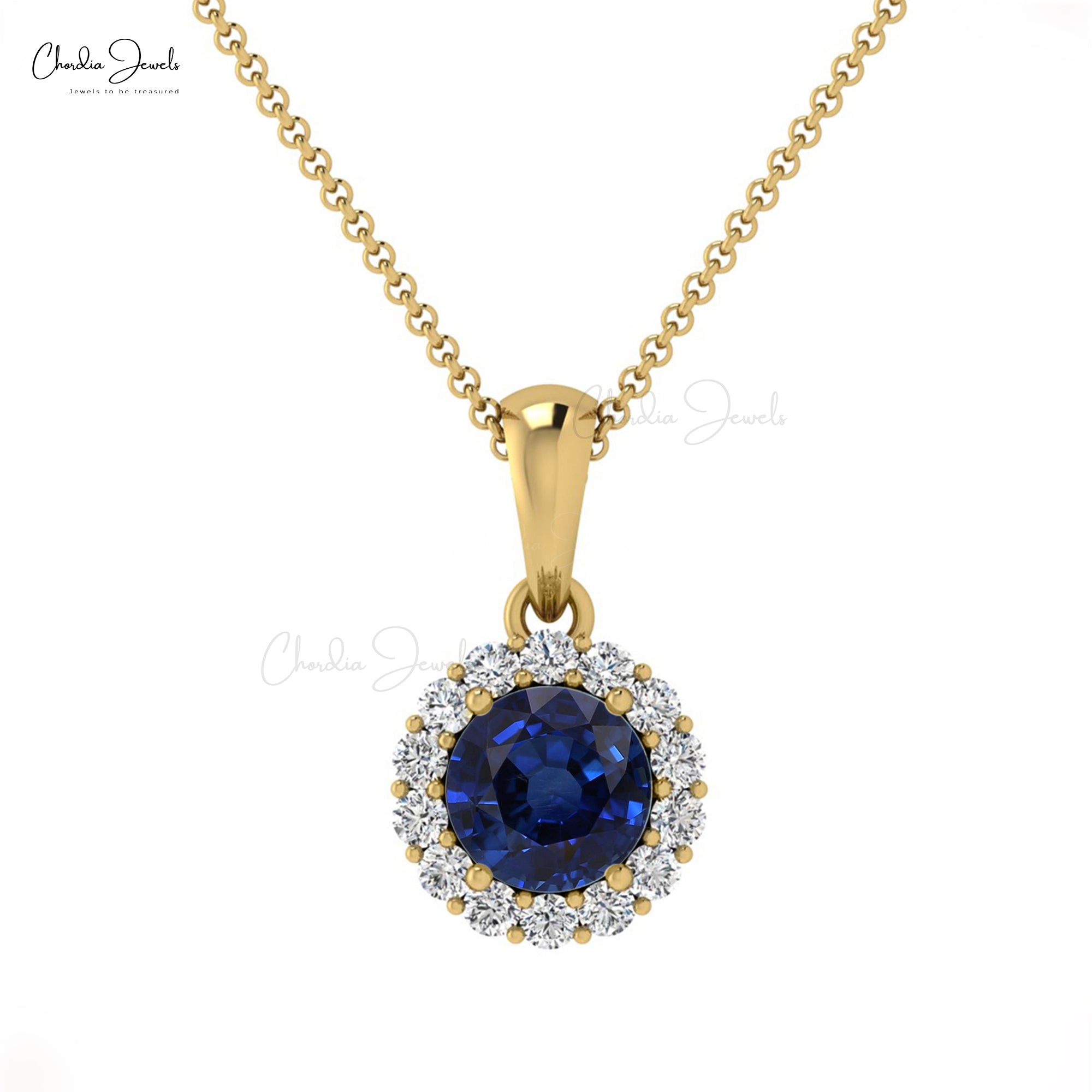 Dual Birthstone Dangle Pendant In Real 14k Gold Blue Sapphire Halo Diamond Pendant For Her