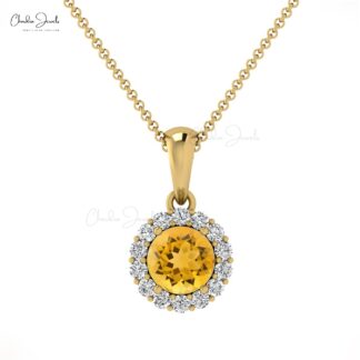 Real 14k Gold Gemstone Dangle Pendant With 4mm Round Citrine Halo Diamond Bridal Necklace