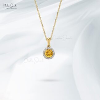 Real 14k Gold Gemstone Dangle Pendant With 4mm Round Citrine Halo Diamond Bridal Necklace