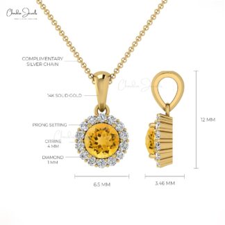 Real 14k Gold Gemstone Dangle Pendant With 4mm Round Citrine Halo Diamond Bridal Necklace