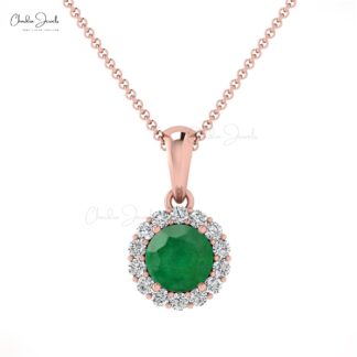 Natural Emerald May Birthstone Pendant With Halo Diamond 14k Pure Gold Handmade Necklace