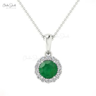 Natural Emerald May Birthstone Pendant With Halo Diamond 14k Pure Gold Handmade Necklace