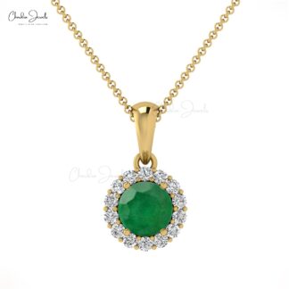 Natural Emerald May Birthstone Pendant With Halo Diamond 14k Pure Gold Handmade Necklace