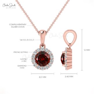 Diamond Circle Pendant In Real 14k Gold Red Garnet 0.35 Ct Gemstone Halo Necklace For Her