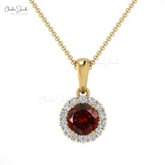 Diamond Circle Pendant In Real 14k Gold Red Garnet 0.35 Ct Gemstone Halo Necklace For Her