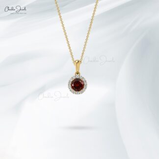 Diamond Circle Pendant In Real 14k Gold Red Garnet 0.35 Ct Gemstone Halo Necklace For Her