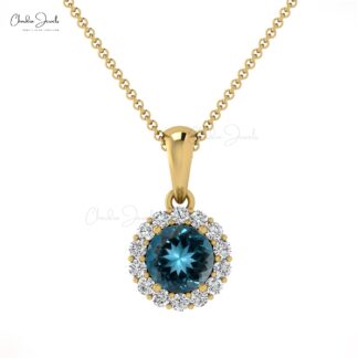 Dainty Diamond Halo Charm In 14k Real Gold London Blue Topaz 4mm Gemstone Pendant