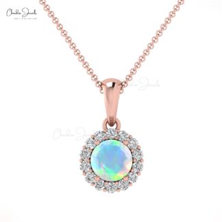 Halo Diamond Dangle Pendant With 0.16 Ct Fire Opal Gemstone 14k Real Gold Women Pendants