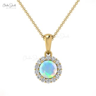 Halo Diamond Dangle Pendant With 0.16 Ct Fire Opal Gemstone 14k Real Gold Women Pendants
