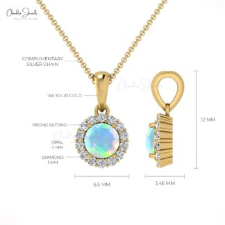 Halo Diamond Dangle Pendant With 0.16 Ct Fire Opal Gemstone 14k Real Gold Women Pendants