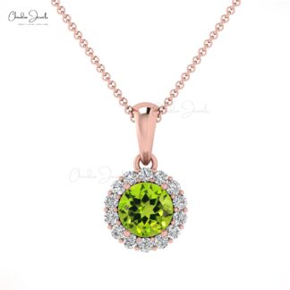 Dainty Diamond Halo Charm With 4mm Peridot Prong Set In 14k Pure Gold Dangle Pendant