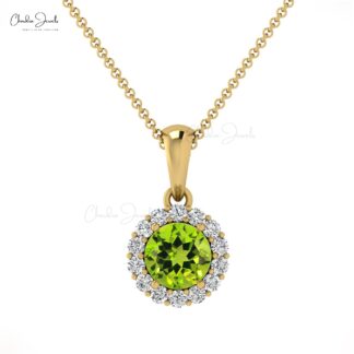 Dainty Diamond Halo Charm With 4mm Peridot Prong Set In 14k Pure Gold Dangle Pendant