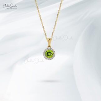 Dainty Diamond Halo Charm With 4mm Peridot Prong Set In 14k Pure Gold Dangle Pendant
