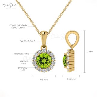 Dainty Diamond Halo Charm With 4mm Peridot Prong Set In 14k Pure Gold Dangle Pendant
