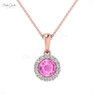 Dangle Pink Sapphire Pendant In 14k Solid Gold Gemstone And Pave Diamond Halo Pendant