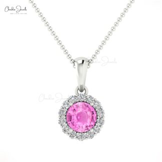 Dangle Pink Sapphire Pendant In 14k Solid Gold Gemstone And Pave Diamond Halo Pendant