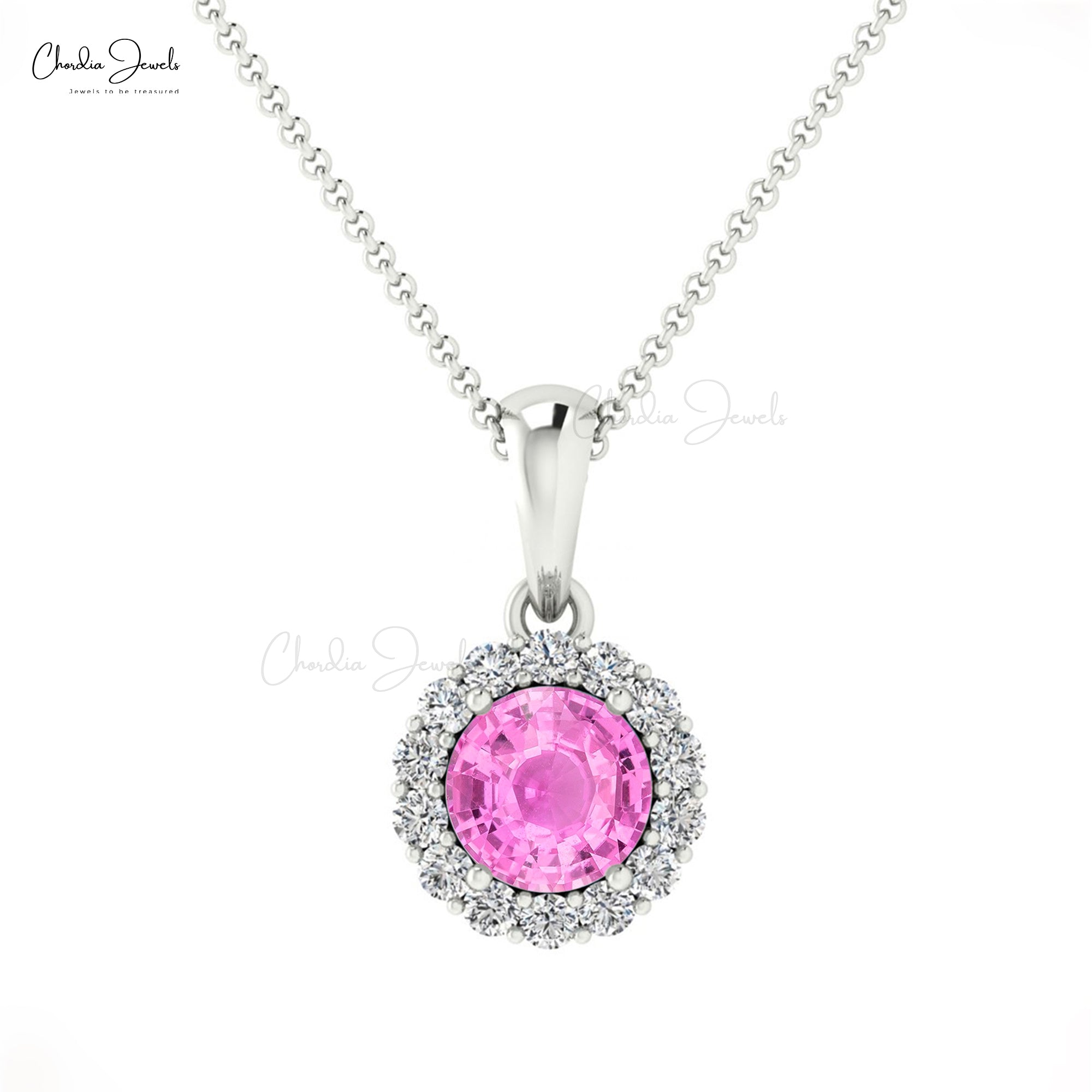 Dangle Pink Sapphire Pendant In 14k Solid Gold Gemstone And Pave Diamond Halo Pendant