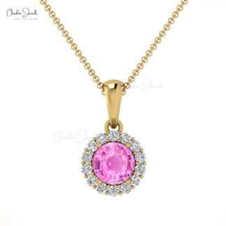 Dangle Pink Sapphire Pendant In 14k Solid Gold Gemstone And Pave Diamond Halo Pendant