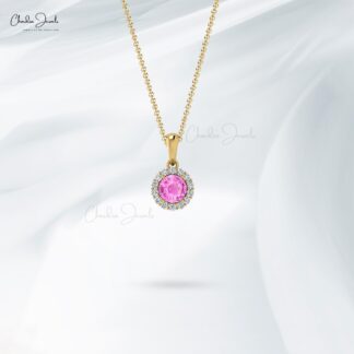 Dangle Pink Sapphire Pendant In 14k Solid Gold Gemstone And Pave Diamond Halo Pendant