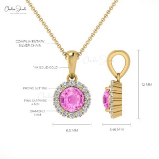 Dangle Pink Sapphire Pendant In 14k Solid Gold Gemstone And Pave Diamond Halo Pendant