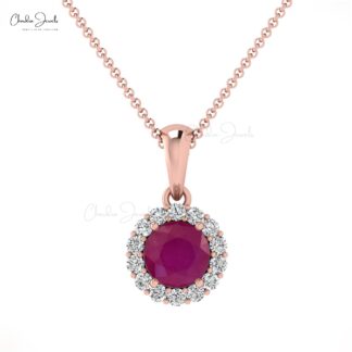 Brilliant Cut Halo Diamond Pendant With 4mm Burma Ruby 14k Solid Gold Women Necklace