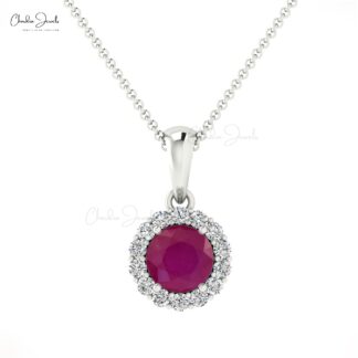Brilliant Cut Halo Diamond Pendant With 4mm Burma Ruby 14k Solid Gold Women Necklace