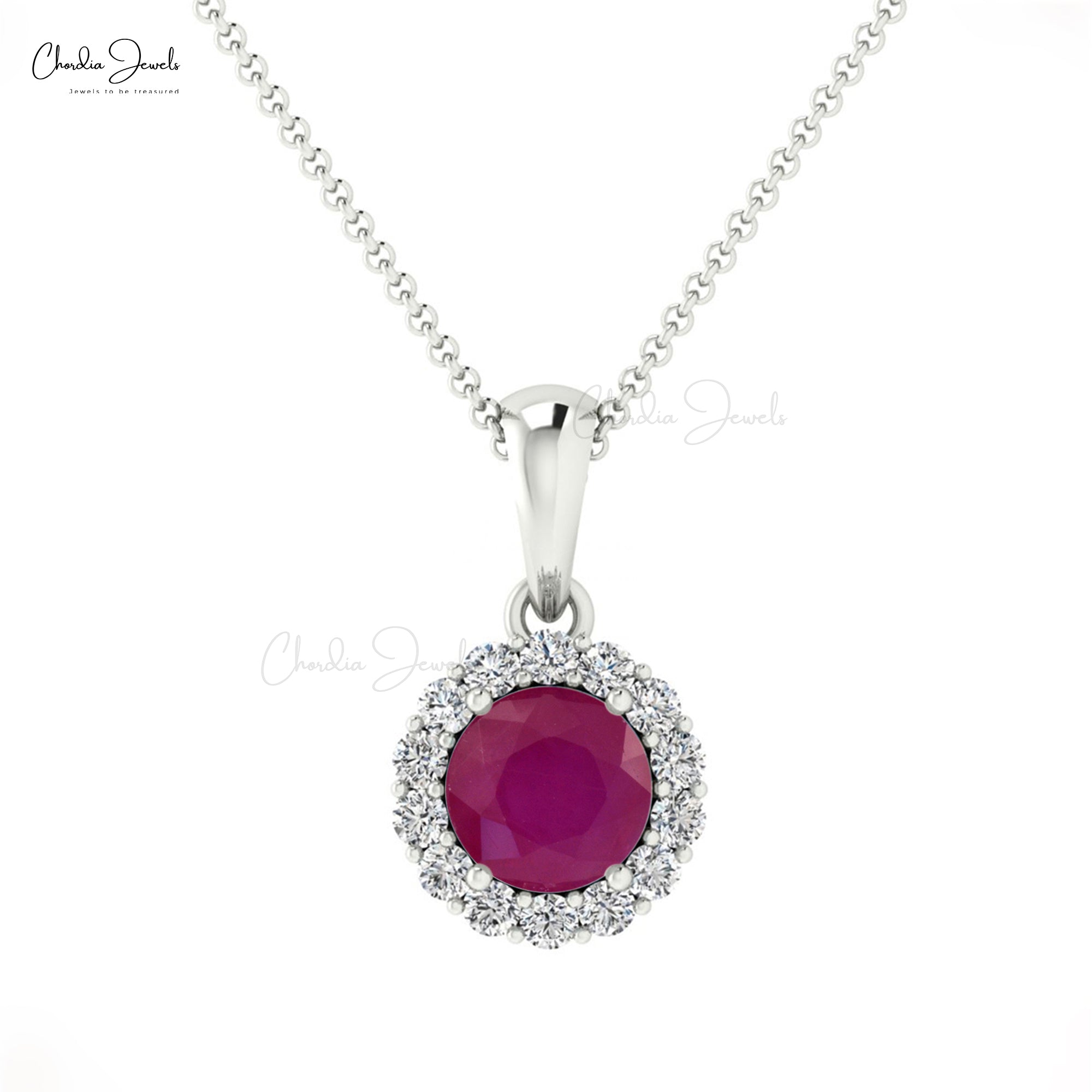 Brilliant Cut Halo Diamond Pendant With 4mm Burma Ruby 14k Solid Gold Women Necklace