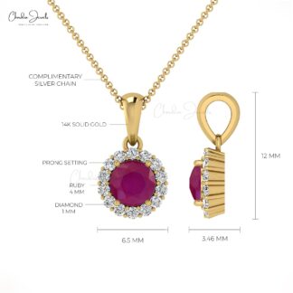 Brilliant Cut Halo Diamond Pendant With 4mm Burma Ruby 14k Solid Gold Women Necklace