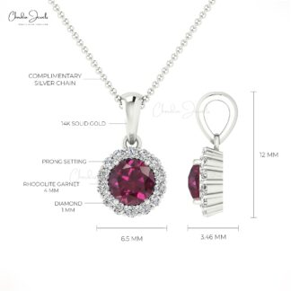 Halo Gemstone Charm In14k Solid Gold Rhodolite Garnet 0.3 Ct And Diamond Dangle Pendant