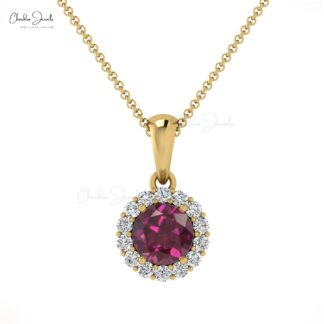 Halo Gemstone Charm In14k Solid Gold Rhodolite Garnet 0.3 Ct And Diamond Dangle Pendant