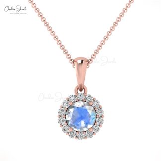 Round Cut Dangle Pendant With 0.32 Ct Moonstone Diamond Halo Pendant In 14k Solid Gold