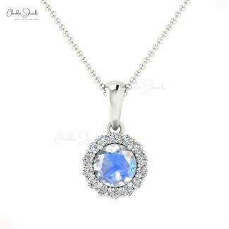 Round Cut Dangle Pendant With 0.32 Ct Moonstone Diamond Halo Pendant In 14k Solid Gold
