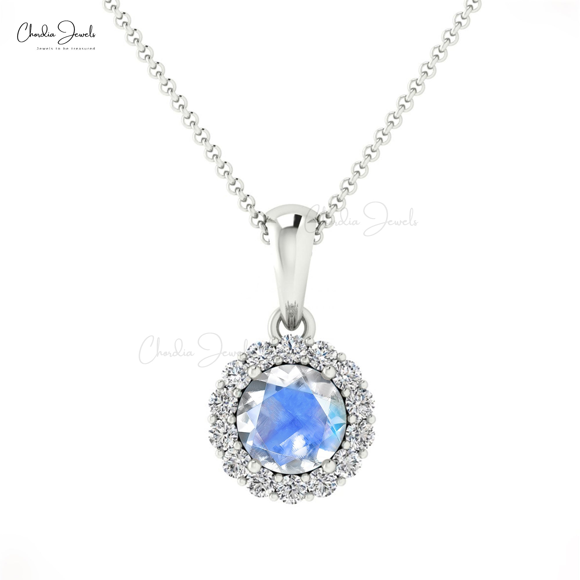 Round Cut Dangle Pendant With 0.32 Ct Moonstone Diamond Halo Pendant In 14k Solid Gold