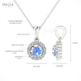 Round Cut Dangle Pendant With 0.32 Ct Moonstone Diamond Halo Pendant In 14k Solid Gold