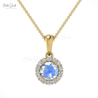 Round Cut Dangle Pendant With 0.32 Ct Moonstone Diamond Halo Pendant In 14k Solid Gold