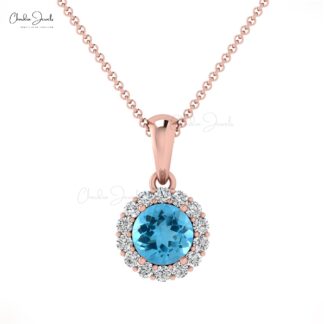Brilliant Cut Dangle Charm With 4mm Swiss Blue Topaz And Diamond Halo 14k Gold Pendant