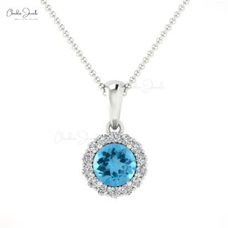 Brilliant Cut Dangle Charm With 4mm Swiss Blue Topaz And Diamond Halo 14k Gold Pendant