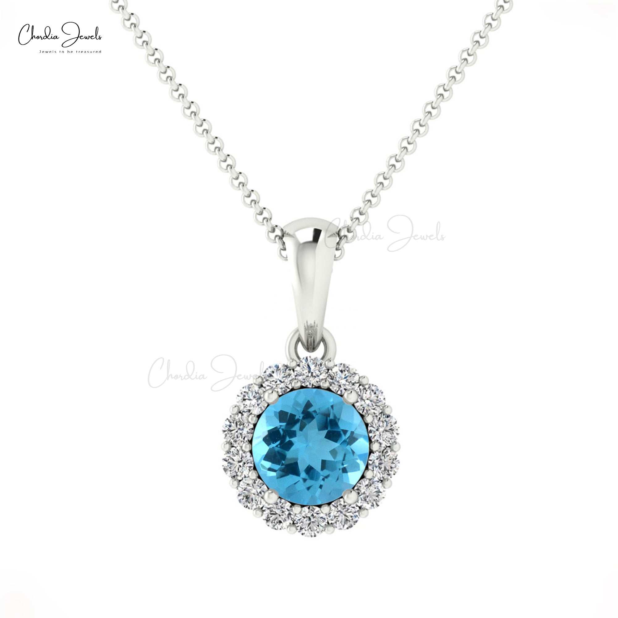 Brilliant Cut Dangle Charm With 4mm Swiss Blue Topaz And Diamond Halo 14k Gold Pendant