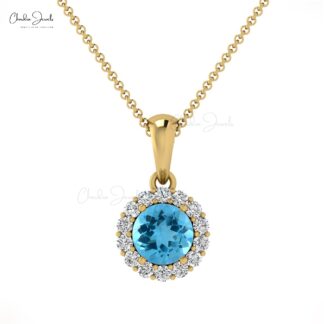 Brilliant Cut Dangle Charm With 4mm Swiss Blue Topaz And Diamond Halo 14k Gold Pendant
