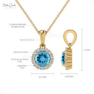 Brilliant Cut Dangle Charm With 4mm Swiss Blue Topaz And Diamond Halo 14k Gold Pendant