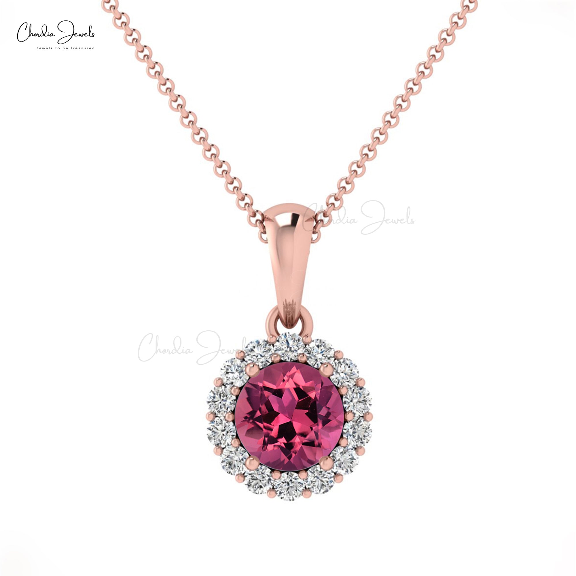 Brilliant Cut Dangle Pendant In 14k Solid Gold Pink Tourmaline And Diamond Halo Necklace